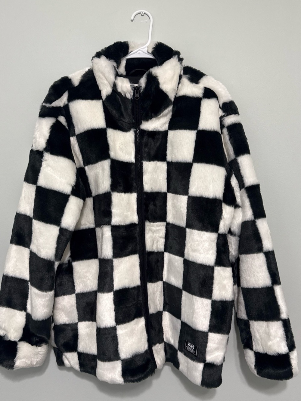Vans Black & White Checkerboard Faux Fur Puffer Coat